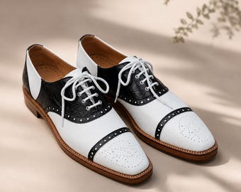Handmade Spectator Shoes Men Black and White Oxford Brogues