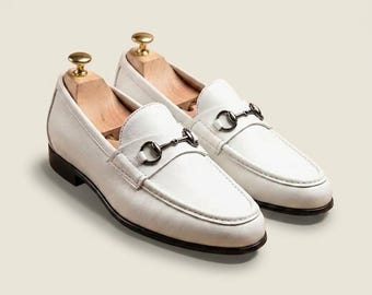 White Leather Horsebit Loafers, Handmade Men Slip On Shoes
