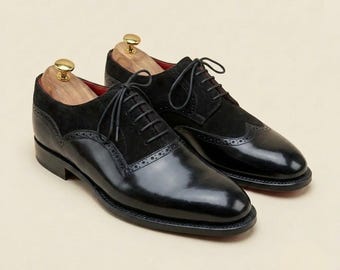 Handmade Mens Black Leather and Suede Oxford Dress Shoes