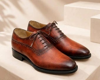 Handmade Tan Brown Leather Oxford Shoes Men Brogue Dress Shoes