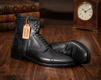 Men's Black Leather Combat Boots, Handmade Lace-Up Boots with Side Zipper