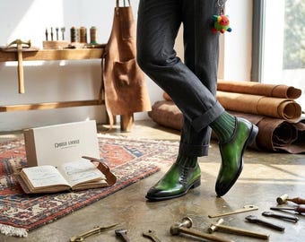 Handgemaakte groene patina Wholecut Oxford-schoenen, artistieke leren geklede leren schoenen