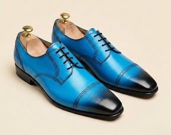 Handmade Blue Leather Derby Shoes Men Burnished Dress Shoes