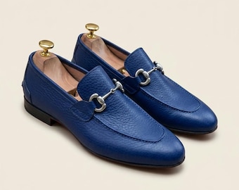 Mens Blue Leather Loafers, Handmade Horsebit Slip On Dress Shoes