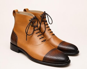 Handmade Men Tan Leather Dress Boots Two Tone Wingtip Brogue Ankle Boots