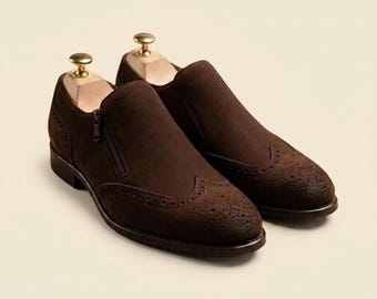 Handmade Men Suede Loafers Brown Slip On Wingtip Dress Shoes