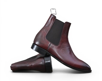 Botines Chelsea de cuero burdeos hechos a mano, botines de tobillo color rojo vino artesanales para hombre.