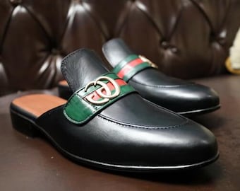 Men's Handmade Black Leather Mules, Slip-On Loafer Clogs with Signature Buckle