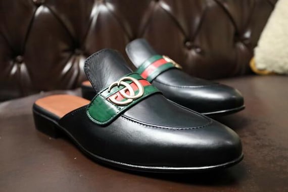 Men's Handmade Black Leather Mules, Slip-On Loafer Clogs with Signature Buckle