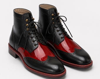 Handmade Men's Black and Red Leather Wingtip Boots, Bespoke Ankle Boots