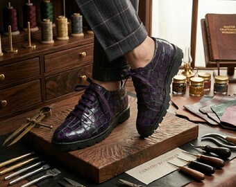 Handmade Purple Crocodile Embossed Leather Derby Shoes, Mens Exotic Purple Dress Shoes
