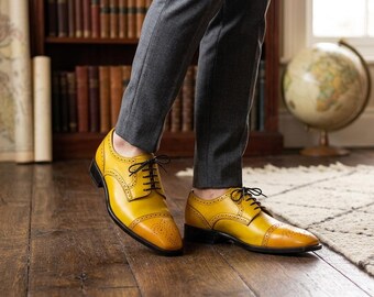 Men's Handcrafted Yellow Patina Leather Oxfords, Bespoke Wingtip Brogue Derby Shoes