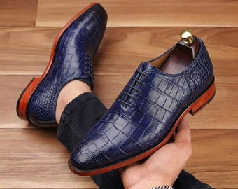 Men Blue Crocodile Print Leather Oxford Shoes, Handmade Exotic Dress Shoes
