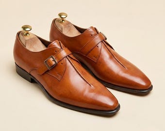 Mens Tan Leather Monk Strap Shoes Handmade Formal Dress Loafers