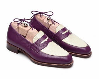 Handmade Purple Leather and White Alligator Penny Loafers Mens Dress Shoes For weddings.