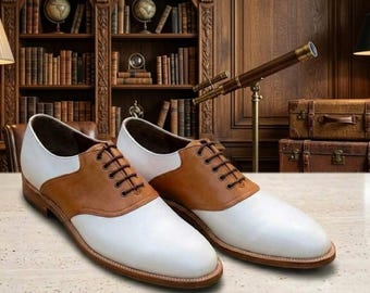 Men Saddle Shoes, Two Tone Brown White Leather Oxford Dress Shoes