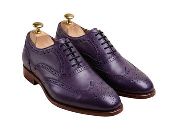 Purple Leather Brogue Shoes, Handmade Men Oxford Dress Shoes