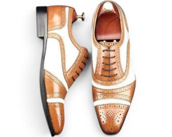 Handgefertigte Herrenschuhe in Tan und Weiß Spectator Brogue Schuhe, zweifarbige Oxfords