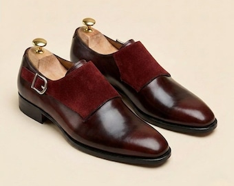 Handmade Burgundy Leather Monk Strap Shoes, Mens Dress Loafers,wedding slip ons