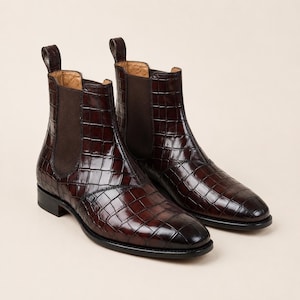 Handmade Men Brown Alligator Print Leather Chelsea Boots Dress Ankle Boots
