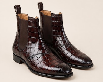 Handmade Men Brown Alligator Print Leather Chelsea Boots Dress Ankle Boots