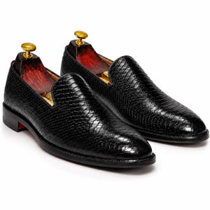Men's Black Python Print Leather Loafers, Handmade Red Bottom Dress Shoes