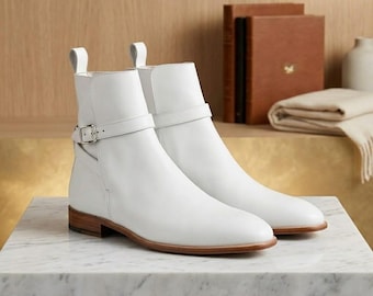 Handmade Mens White Leather Jodhpur Dress Ankle Boots