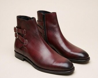 Burgundy Leather Jodhpur Boots, Handmade Men Ankle Strap Buckle Boots