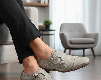 Zapatos de vestir de piel de serpiente blanca hechos a mano con doble hebilla, zapatos de vestir de piel exótica para hombre.