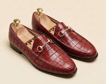 Handmade Burgundy Croc Leather Men Horsebit Loafers Dress Shoes