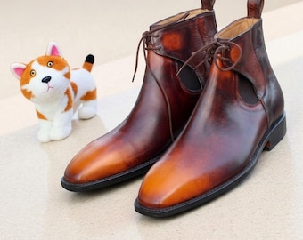 Handgefertigte Herren Patina Leder Side Lace Ankle Dress Boots