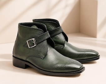 Truewalkleather Green Monk Strap Ankle Boots Handmade Leather Boots