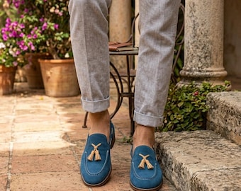 Handmade Blue Suede Tassel Loafers, Mens Casual Slip-On Driving Shoes