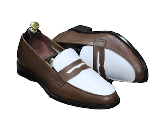 Handmade Brown and White Leather Penny Loafers for Men, Two Tone Shoes