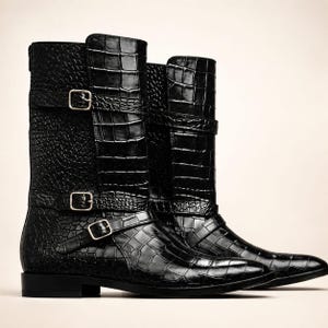 Handmade Black Gator Print Leather Triple Buckle Boots, Mens Tall Exotic Boots