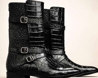 Handmade Black Gator Print Leather Triple Buckle Boots, Mens Tall Exotic Boots