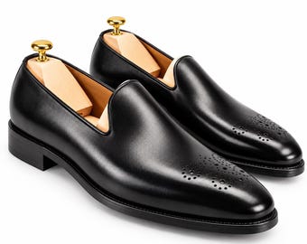 Handgemaakte zwarte leren loafers voor heren, brogue instapschoenen