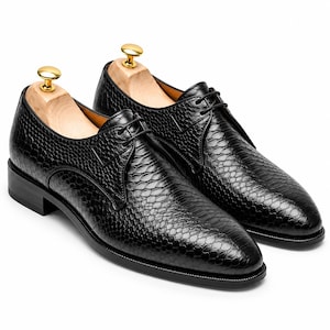 Handmade Black Python Leather Derby Shoes Exotic Mens Dress Shoes