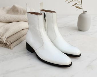 White Leather Zip Boots, Handmade Men High Heel Cuban Dress Boots