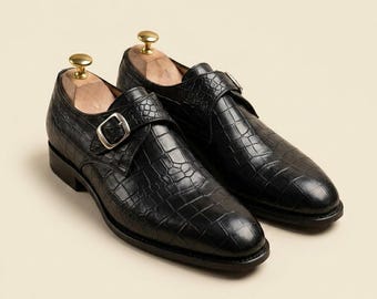 Handmade Black Croc Embossed Leather Men Monk Strap Shoes