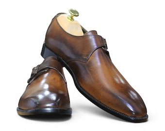 Handmade Men's Brown Patina Leather Single Monk Strap Shoes, Classic Dress Shoes