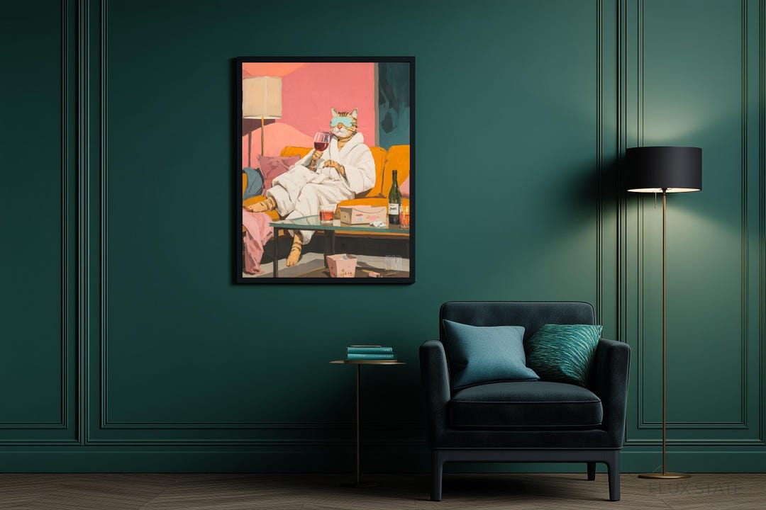 Funny Cat Wine Lover Wall Art Print Dark Moody Coral Pink | Living Room ...