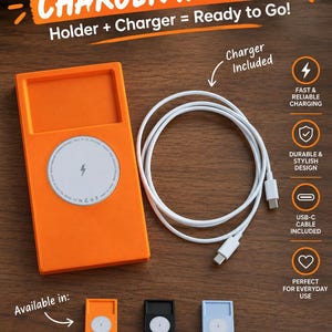 Könnte beinhalten: Ein orangefarbener, rechteckiger Ladehalter mit einem kreisförmigen magnetischen Ladepad in der Mitte, begleitet von einem weißen USB-C-Kabel. Der Text umfasst CHARGER INCLUDED, Holder + Charger = Ready to Go! sowie Farboptionen in Orange, Schwarz und Blau.