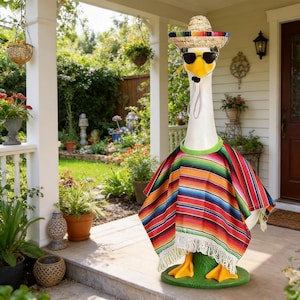 Colorful Carnival Goose Cape & Hat Set – Porch Goose Cloak with Glasses – 23 Inch Mardi Gras Statue Costume