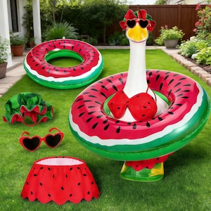 May include: A whimsical outdoor summer set featuring a goose-shaped inflatable pool float with a watermelon design, complete with matching accessories. Includes a watermelon-themed swim ring, sunglasses, and a skirt, all set on a green lawn.