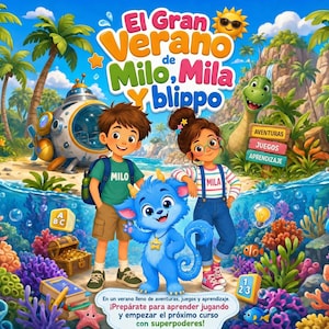 May include: A colourful digital illustration featuring the text El Gran Verano de Milo, Mila Y blippo. The scene depicts a boy, a girl, and a blue creature on a tropical beach with a submarine, coral reef, and educational icons like letters and numbers.