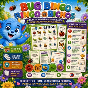 Puede incluir: Un juego de aprendizaje bilingüe imprimible Bug Bingo con una mascota de monstruo azul, cartones de bingo de insectos, tarjetas, páginas para colorear, tarjetas informativas, insignias de coleccionista y un diploma. Más de 100 páginas para edades 3-8.