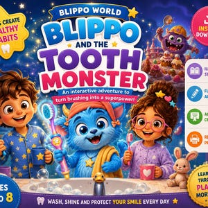 Puede incluir: Portada de libro interactivo Blippo World Blippo and the Tooth Monster con dos niños en pijama, un monstruo azul peludo y un cepillo de dientes. El texto incluye 'Helps Create Healthy Habits', 'Ages 4 to 8' y 'Wash, Shine and Protect Your Smile Every Day'.