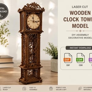 May include: A brown laser-cut wooden clock tower model with an intricate lattice design and a round clock face featuring Roman numerals. The text reads: DIGITAL DOWNLOAD, LASER CUT WOODEN CLOCK TOWER MODEL, DIY ASSEMBLY DECORATIVE MODEL, INSTANT DOWNLOAD, DXF, CDR, SVG.