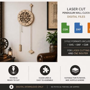 Steampunk Pendulum Wall Clock SVG | Laser Cut Wooden Clock Dxf CDR Files | Vintage Gear Clock Design | CNC Digital Download